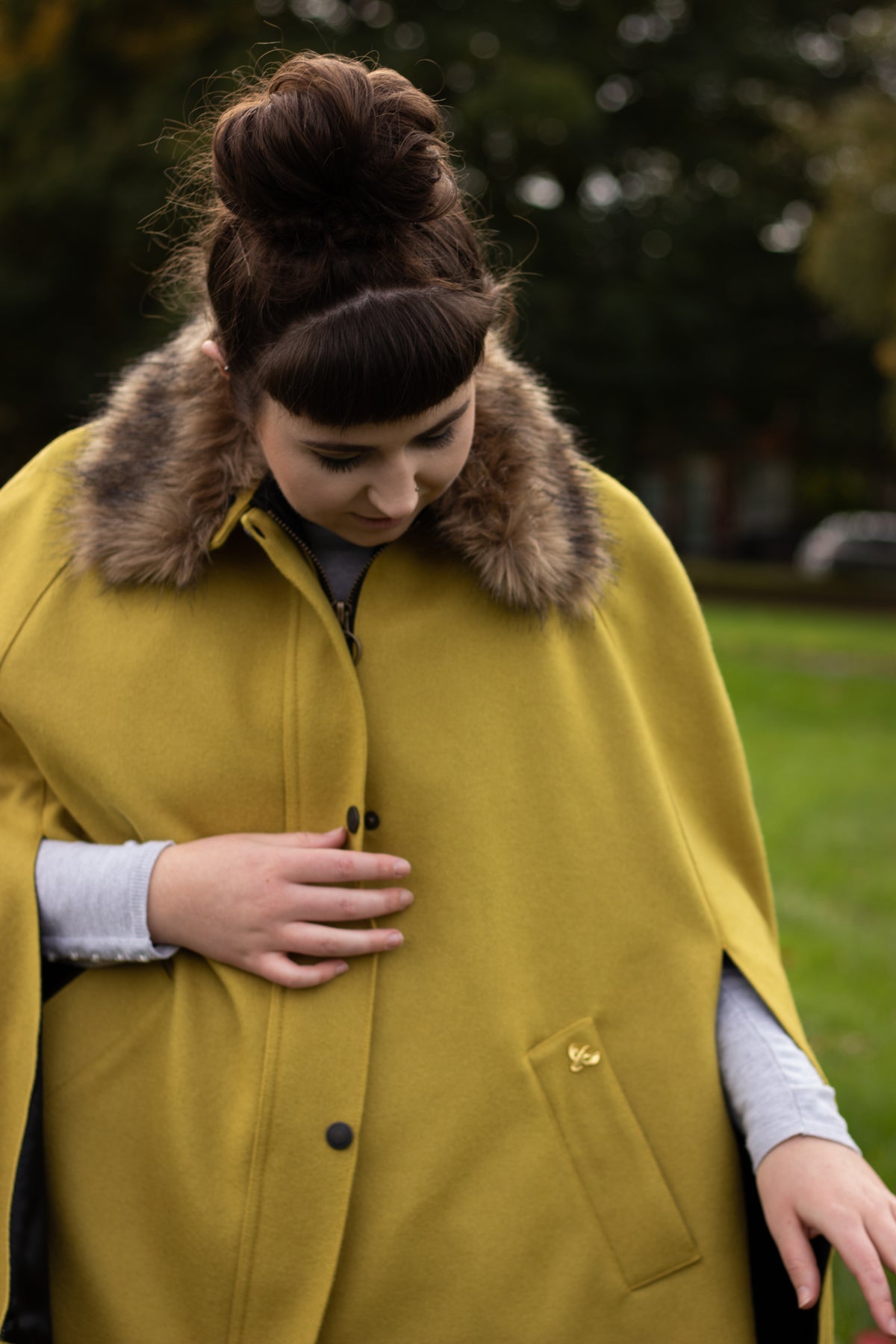 Newbury Tweed Cape with Faux Fur Collar - Ochre Yellow - John Partridge & Co