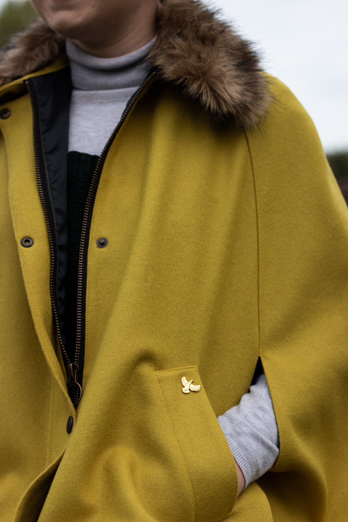 Newbury Tweed Cape with Faux Fur Collar - Ochre Yellow - John Partridge & Co